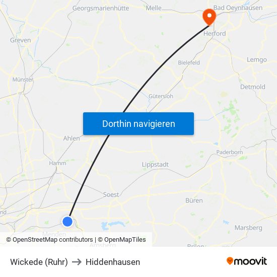 Wickede (Ruhr) to Hiddenhausen map