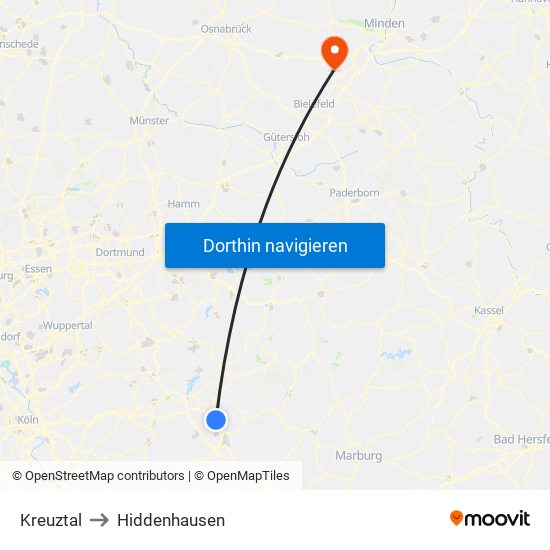 Kreuztal to Hiddenhausen map