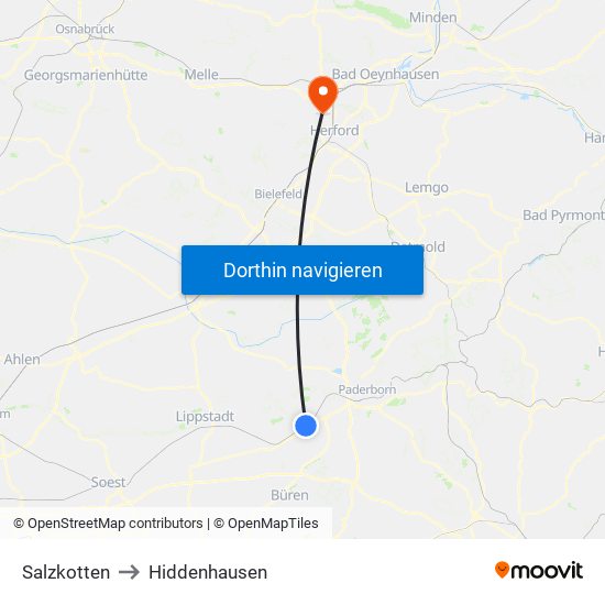 Salzkotten to Hiddenhausen map