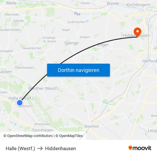 Halle (Westf.) to Hiddenhausen map