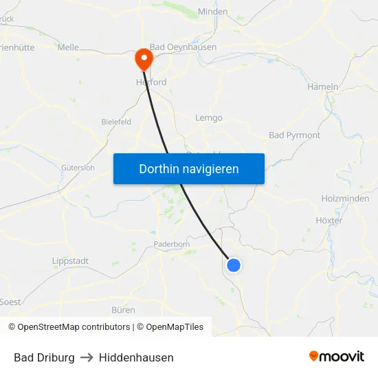 Bad Driburg to Hiddenhausen map