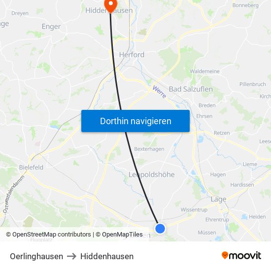 Oerlinghausen to Hiddenhausen map