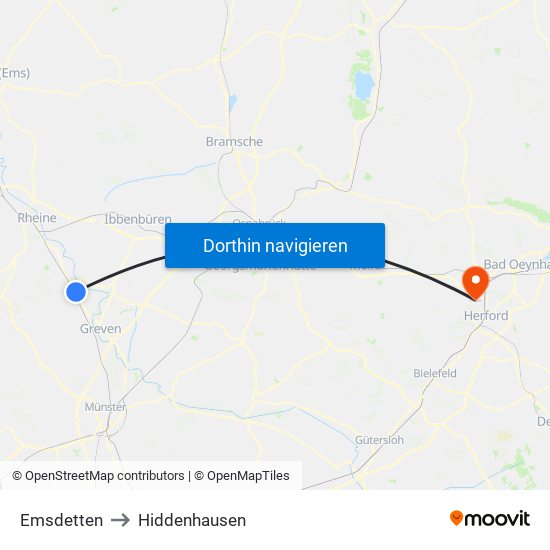 Emsdetten to Hiddenhausen map