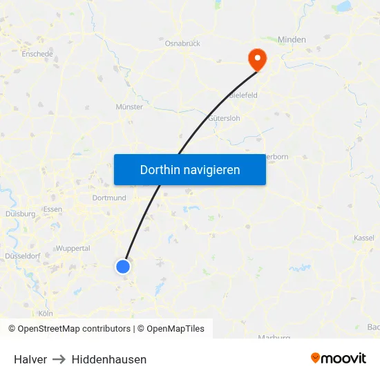 Halver to Hiddenhausen map