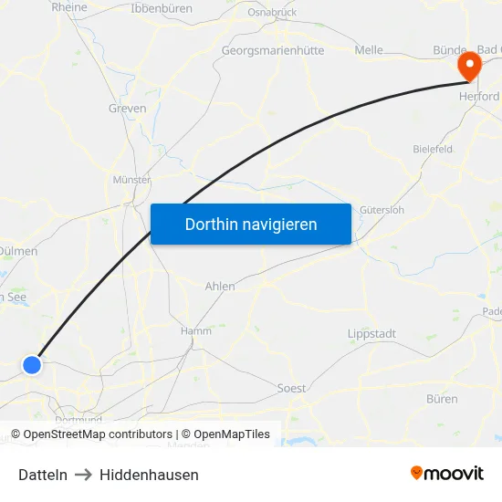 Datteln to Hiddenhausen map