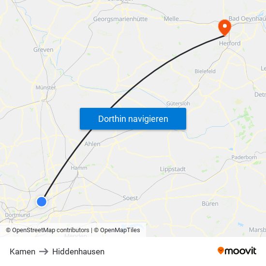 Kamen to Hiddenhausen map