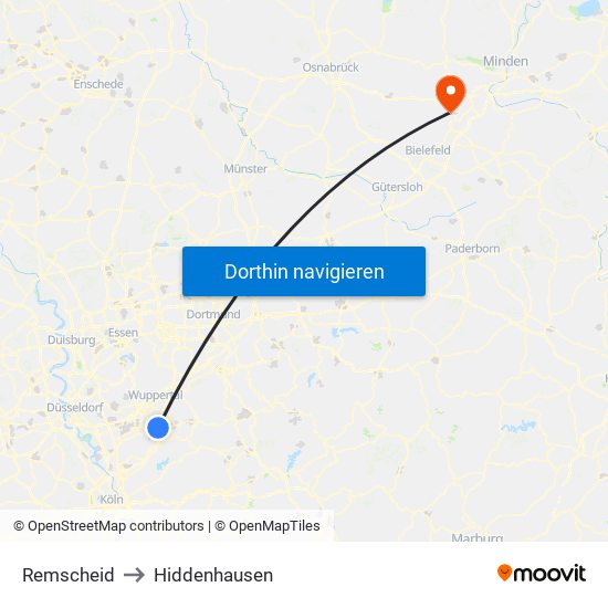 Remscheid to Hiddenhausen map