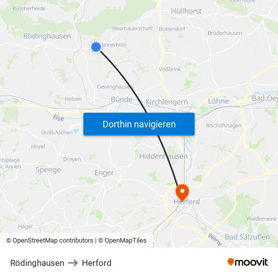 Rödinghausen to Herford map