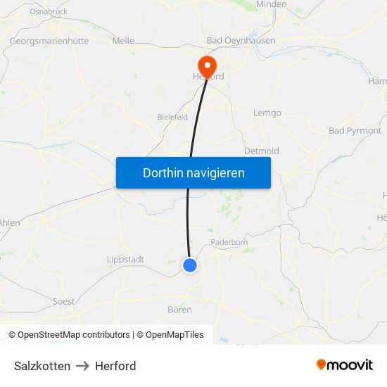 Salzkotten to Herford map