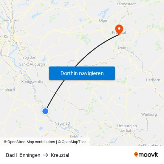 Bad Hönningen to Kreuztal map