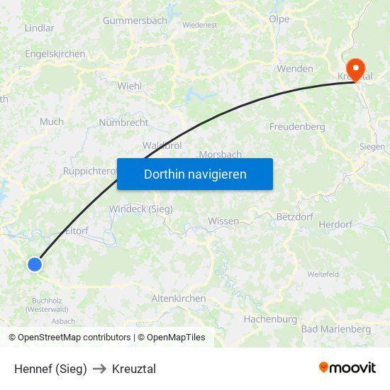 Hennef (Sieg) to Kreuztal map