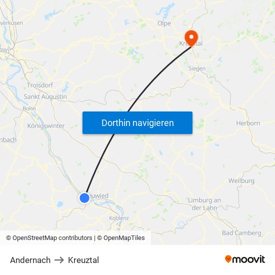 Andernach to Kreuztal map