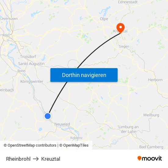 Rheinbrohl to Kreuztal map