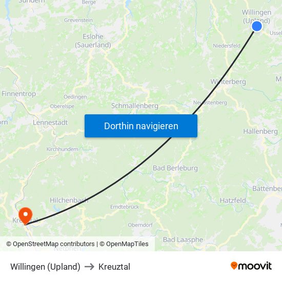 Willingen (Upland) to Kreuztal map