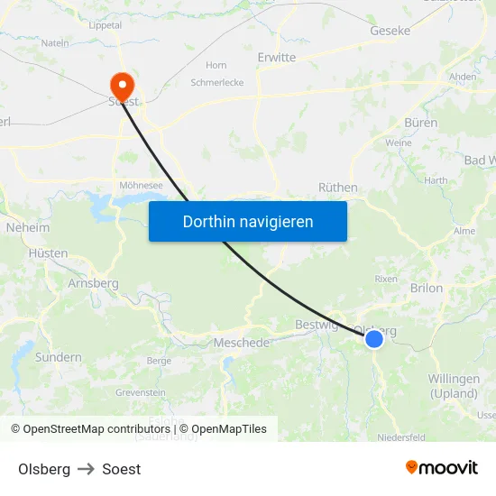 Olsberg to Soest map