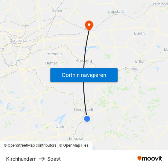 Kirchhundem to Soest map