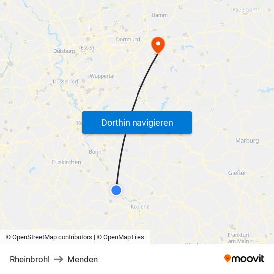 Rheinbrohl to Menden map