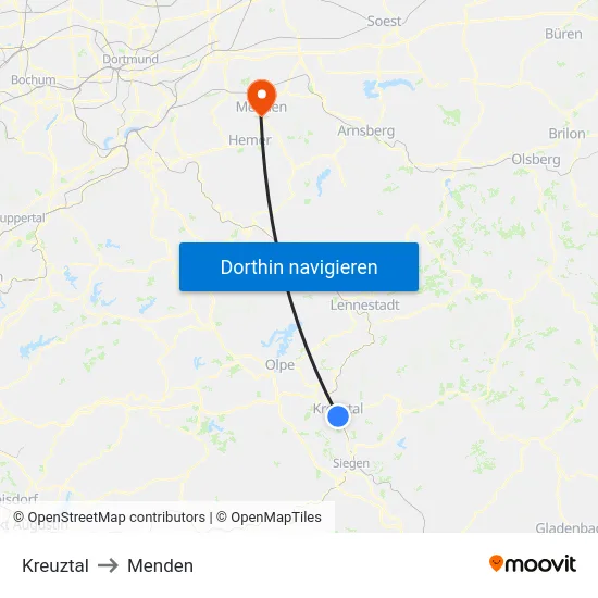 Kreuztal to Menden map