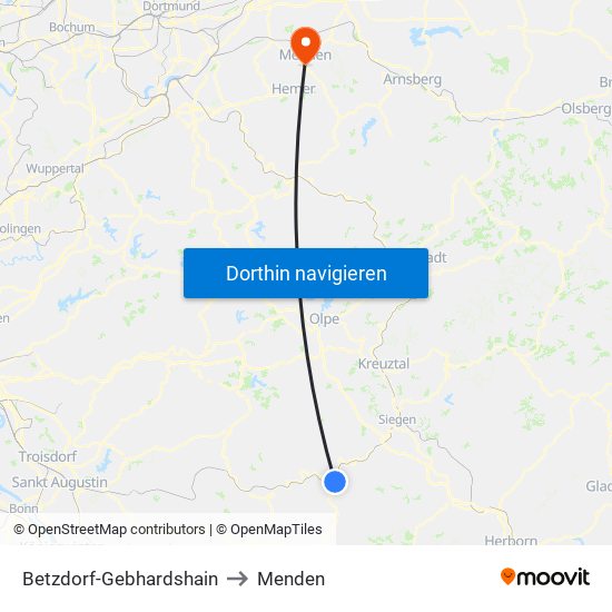Betzdorf-Gebhardshain to Menden map