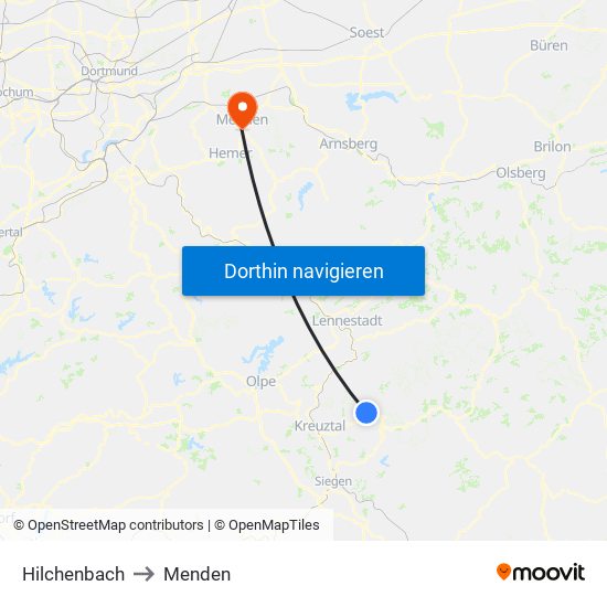 Hilchenbach to Menden map