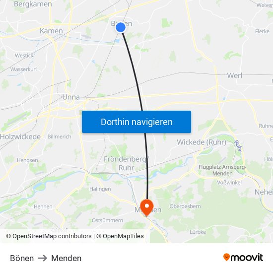 Bönen to Menden map