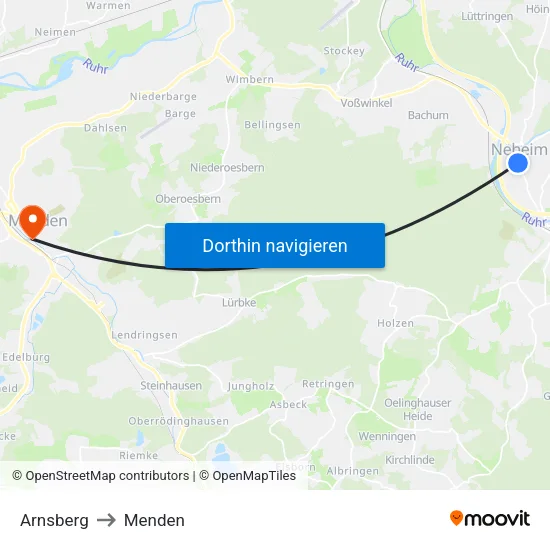 Arnsberg to Menden map