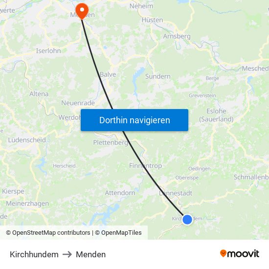 Kirchhundem to Menden map
