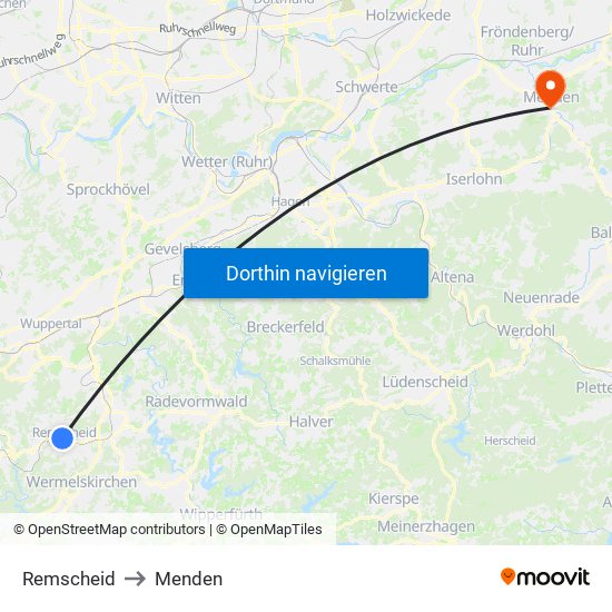 Remscheid to Menden map