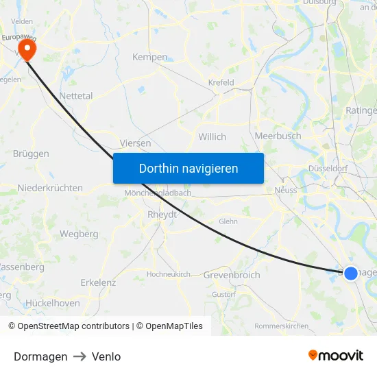 Dormagen to Venlo map