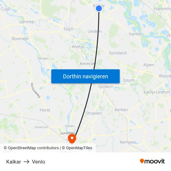 Kalkar to Venlo map