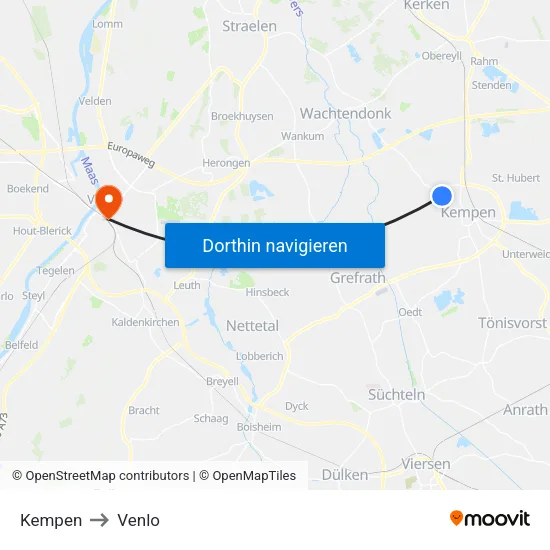 Kempen to Venlo map