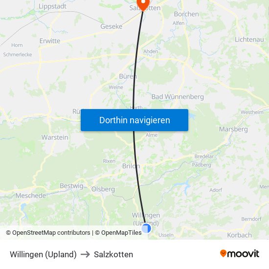 Willingen (Upland) to Salzkotten map