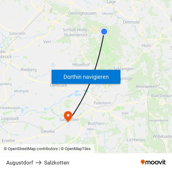 Augustdorf to Salzkotten map