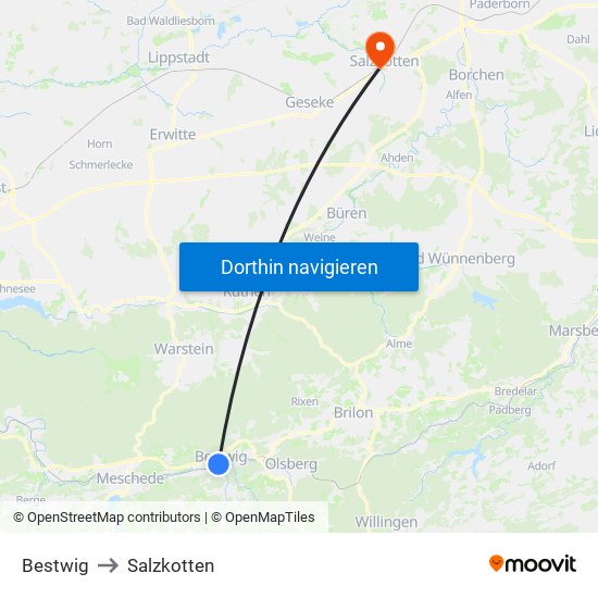 Bestwig to Salzkotten map