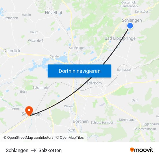 Schlangen to Salzkotten map