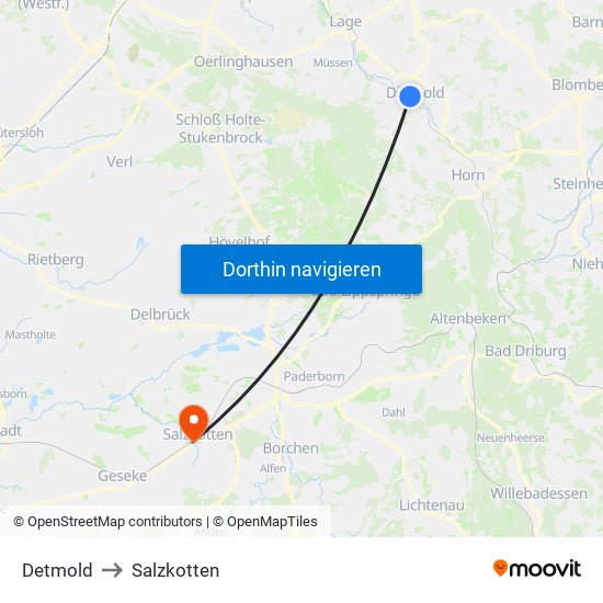 Detmold to Salzkotten map