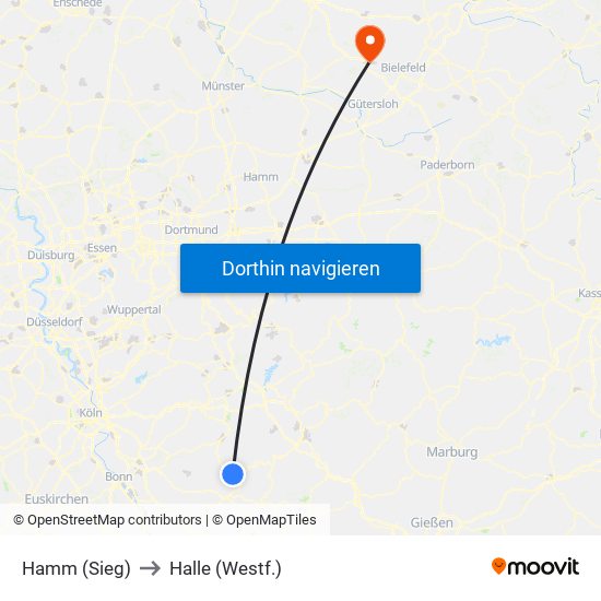 Hamm (Sieg) to Halle (Westf.) map