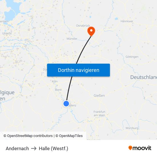 Andernach to Halle (Westf.) map