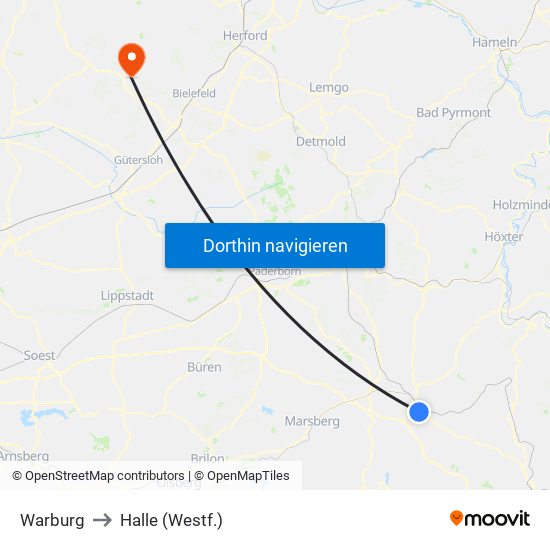 Warburg to Halle (Westf.) map