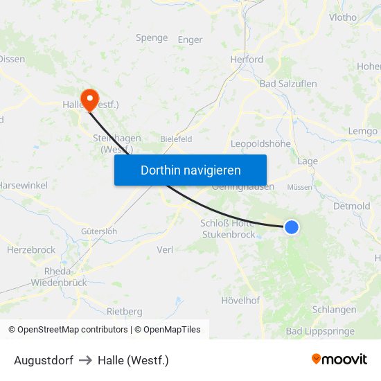 Augustdorf to Halle (Westf.) map