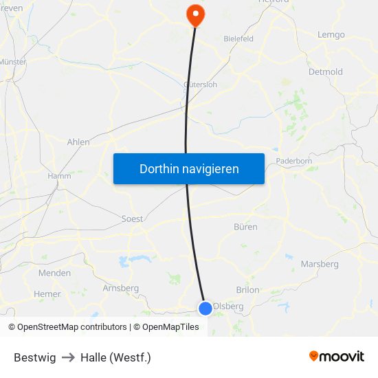 Bestwig to Halle (Westf.) map