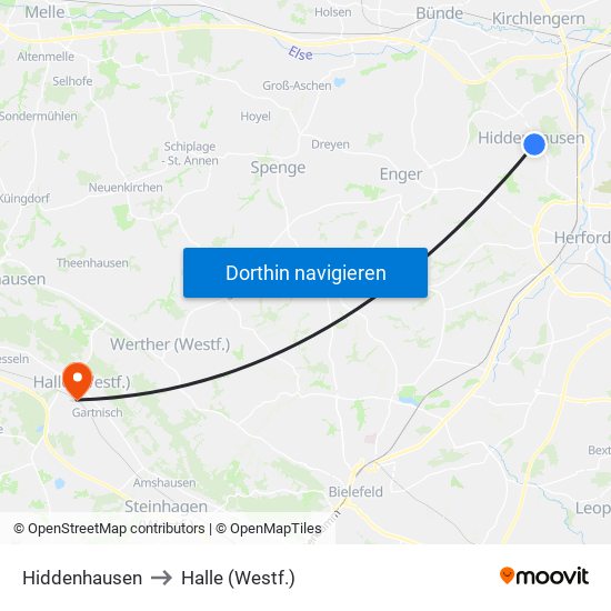 Hiddenhausen to Halle (Westf.) map