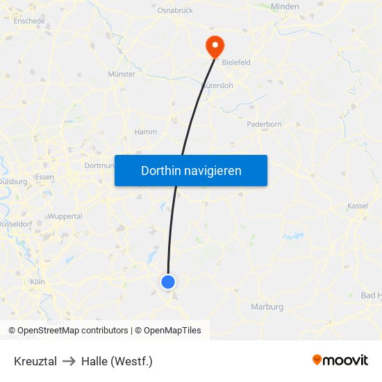 Kreuztal to Halle (Westf.) map