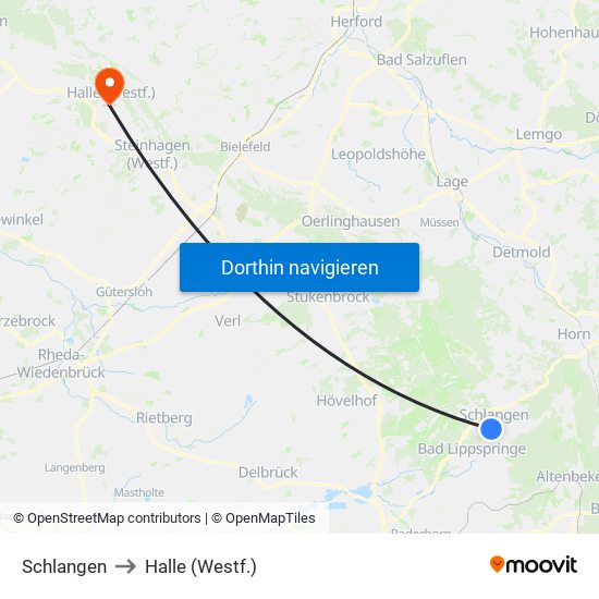 Schlangen to Halle (Westf.) map