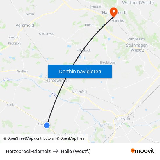 Herzebrock-Clarholz to Halle (Westf.) map