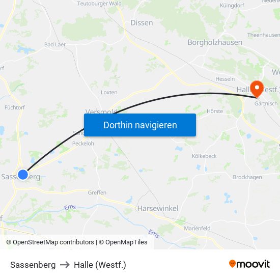 Sassenberg to Halle (Westf.) map