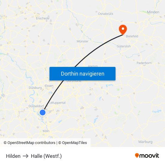 Hilden to Halle (Westf.) map