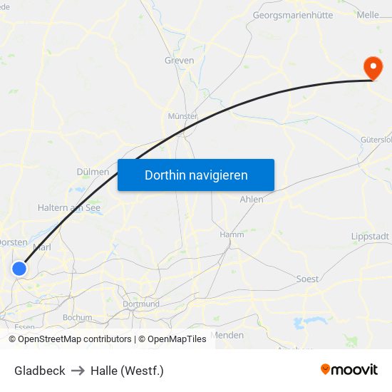 Gladbeck to Halle (Westf.) map