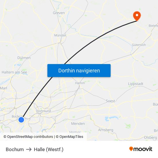 Bochum to Halle (Westf.) map