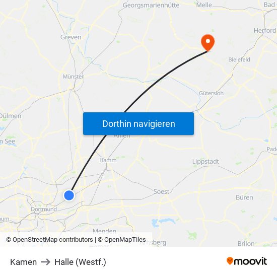 Kamen to Halle (Westf.) map